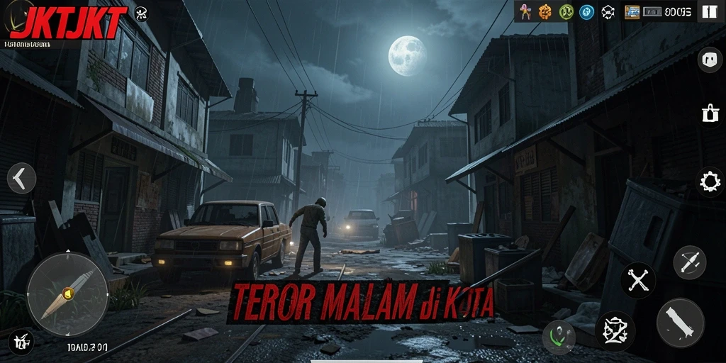Tampilan gameplay JKTJKT yang menegangkan dan misterius.