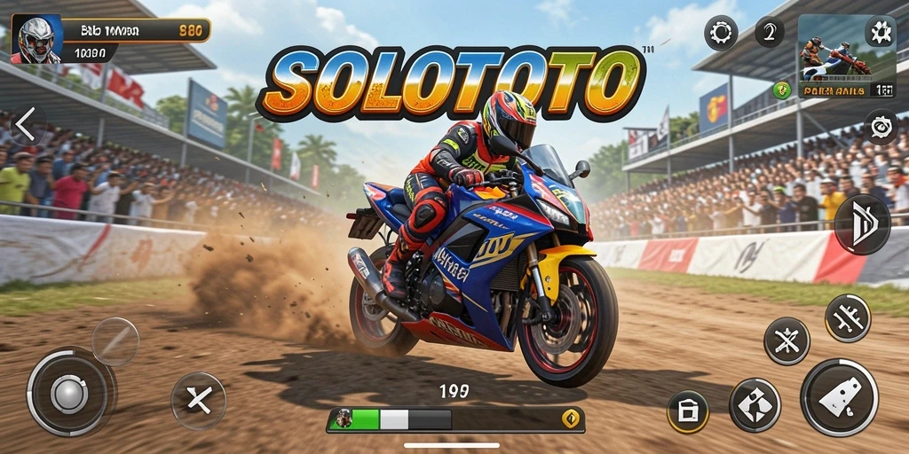 Gameplay SOLOTOTO dengan aksi balapan motor yang seru.